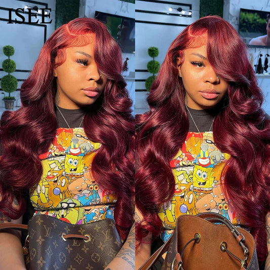 ISEE Hair Brazilian Body Wave Chocolate Brown Lace Front Wig - 99j Burgundy Ombre Human Hair Closure